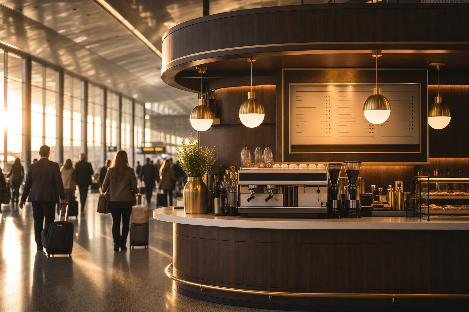 ChocoJava airport terminal kiosk with warm brass pendants and travelers walking past