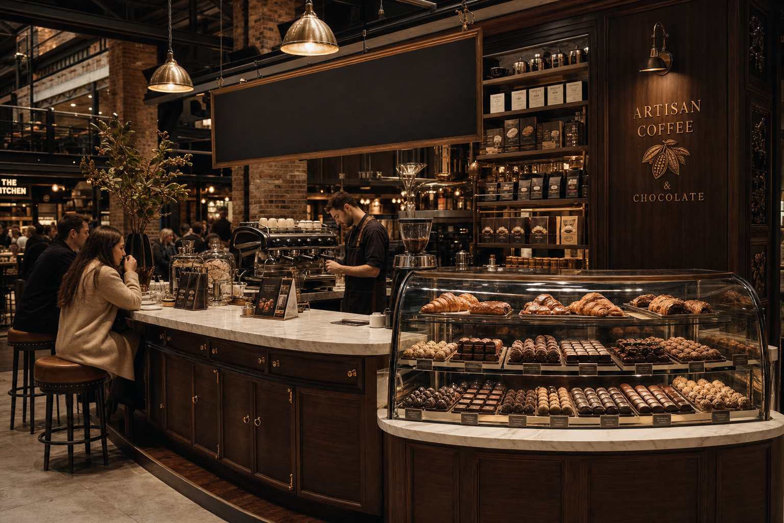 ChocoJava food hall kiosk with pastry case, marble counter and warm pendant lighting