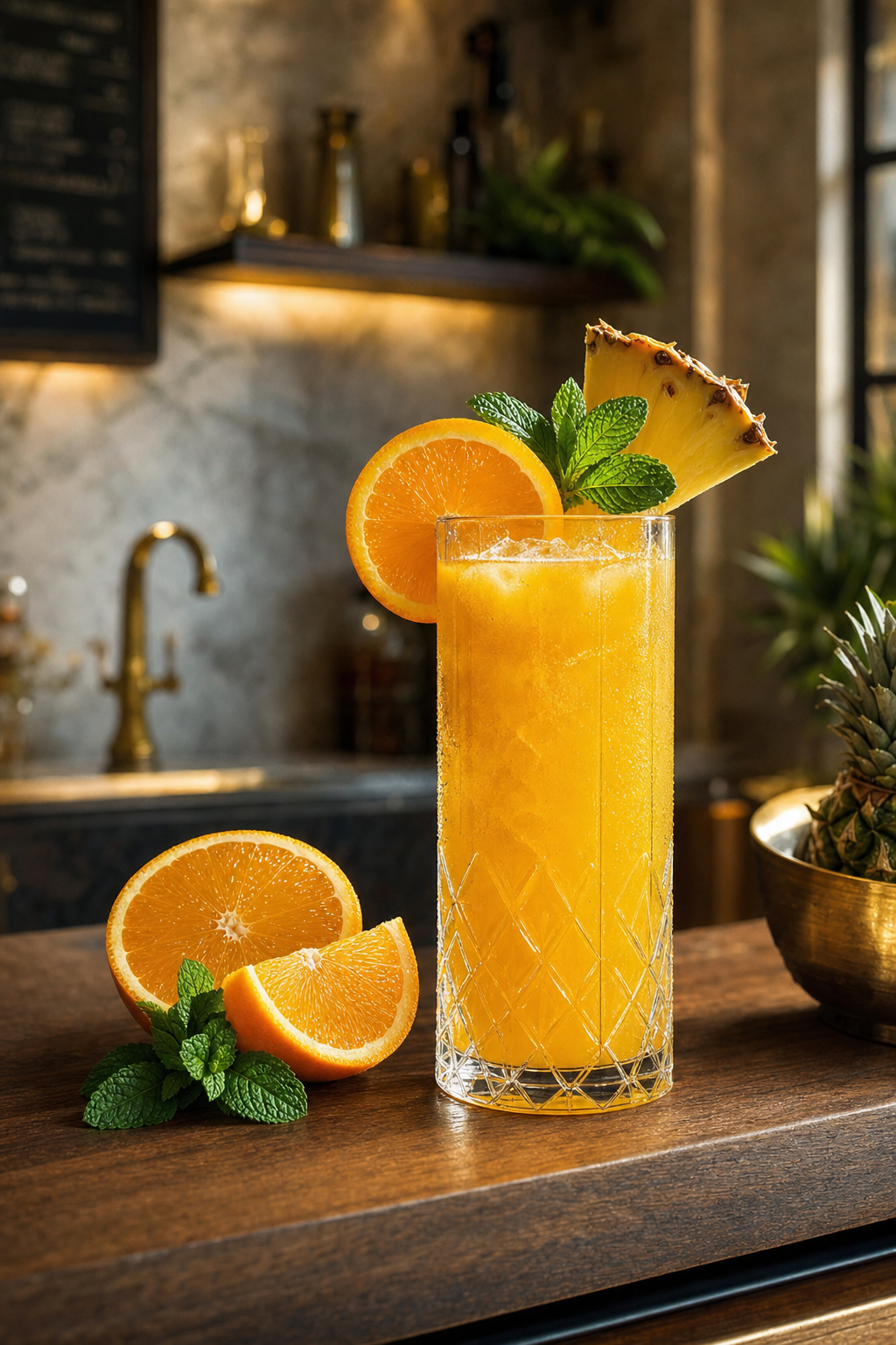 Fresh-pressed juice in crystal glass with citrus and mint